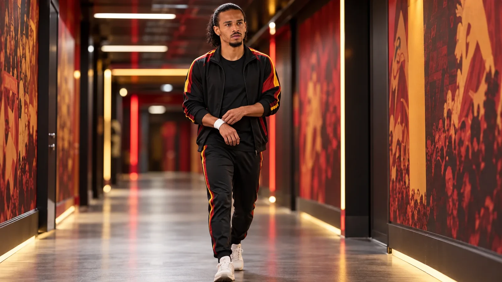 Leroy Sané bước qua hành lang tăng tốc trong sân vận động