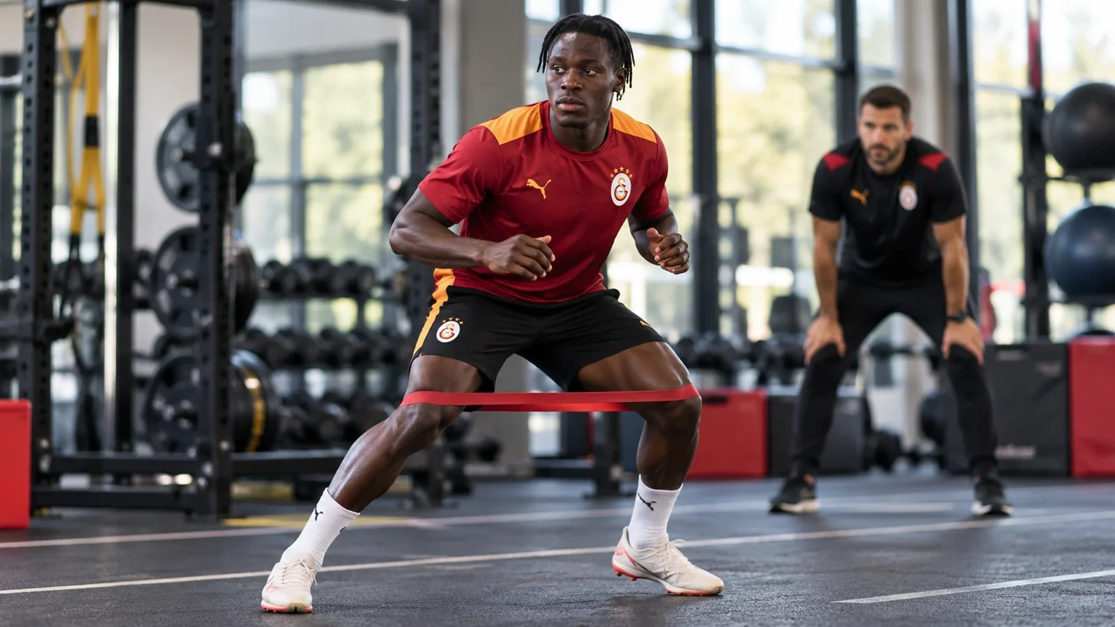 Wilfried Singo thực hiện bài vận động có kiểm soát trong phòng thể lực